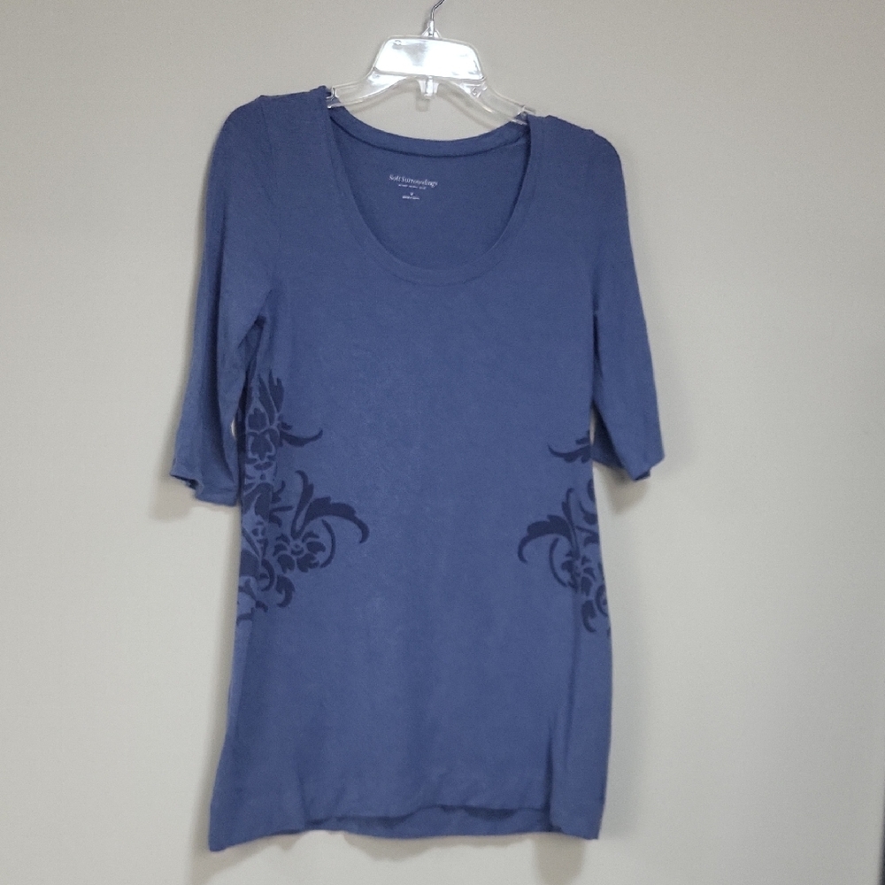 SOFT SURROUNDINGS Two-Tone Blue Floral Side Design Scoop Neck Short Sleeve Tunic